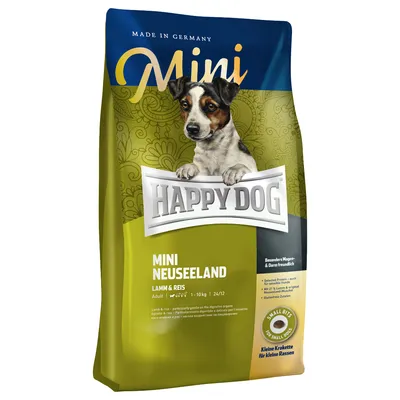 Confezione di crocchette Happy Dog Mini Neuseeland Lamm & Reis per cani adulti 1–10 kg, indicato 'Small Bits', testo visibile in tedesco e inglese, marchio ben leggibile.