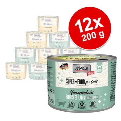 MAC's Super Food for Cats Monoprotein Frisches Lamm, 12 konzerv po 200 g. Vidno: brez žit, 94 % jagnjetina, za odrasle mačke, oznaka Made in Germany.