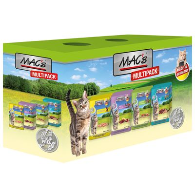 MAC's Multipack kattmat, flera förpackningar med olika smaker, märkning 'Grain Free' och 'Made in Germany' synliga på kartongen.