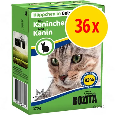 Bozita Feline, 370g pack with rabbit, 36x multipack indicated in large yellow circle. Key text: Häppchen in Gelee, Mit Kaninchen, Med Kanin.