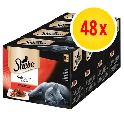 Sheba Selection in Sauce, multipack of 48 portions, each 85g. Visible varieties include beef, lamb, chicken, and turkey. Large yellow circle shows '48x' in red.