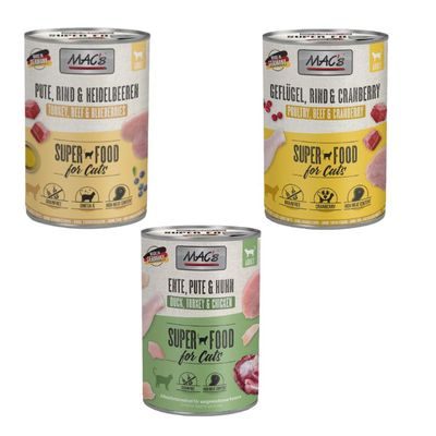 MAC´s Kombi-Paket 18 x 400 g Nassfutter 6 x 400 g Pute, Rind & Heidelbeeren + 6 x 400 g Ente, Pute, Huhn + 6 x 400 g Geflügel & Cranberry