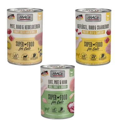 MAC´s Kombi-Paket 18 x 400 g Nassfutter - 6 x 400 g Pute, Rind & Heidelbeeren + 6 x 400 g Ente, Pute, Huhn + 6 x 400 g Geflügel & Cranberry MAC´s Kombi-Paket 18 x 400 g Nassfutter - 6 x 400 g Pute, Rind & Heidelbeeren + 6 x 400 g Ente, Pute, Huhn + 6 x 400 g Geflügel & Cranberry