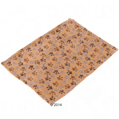 Tapis rectangulaire en tissu beige avec motifs de pattes marron et bleues, sans marque visible.
