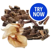 Assorted natural dried chews with a blue circle containing the text 'TRY NOW', indicating a promotional offer or sample opportunity.