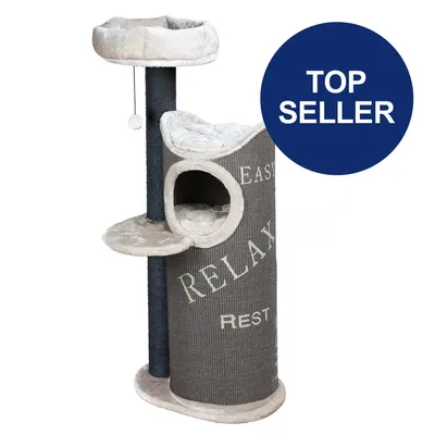 Kratzbaum mit mehreren Ebenen, Höhle und Liegeflächen. Aufdruck: Relax, Rest, Easy. Blauer Kreis mit Text 'Top Seller'.
