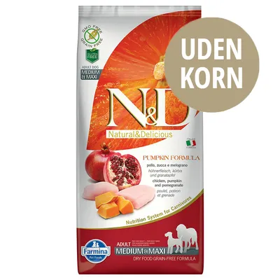N&D Natural & Delicious Adult Dog Medium & Maxi, Pumpkin Formula med kylling, græskar og granatæble. UDEN KORN. Farmina Pet Foods. GMO free, grain free, gluten free.