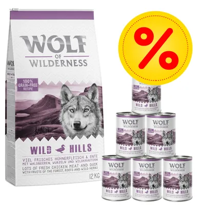 Wolf of Wilderness 12 kg Trockenfutter + 6 x 400 g Nassfutter - Junior Wild Hills - Ente (12 kg + 6 x 400 g) Wolf of Wilderness 12 kg Trockenfutter + 6 x 400 g Nassfutter - Junior Wild Hills - Ente (12 kg + 6 x 400 g)