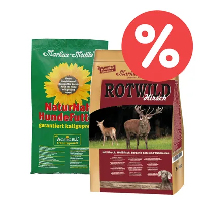 Markus Mühle NaturNah Hundefutter, garantiert kaltgepresst mit Acticell Fruchtpower. Rotwild Hirsch mit Hirsch, Weißfisch, Barbarie-Ente und Waldbeeren. Prozentzeichen für Rabatt.