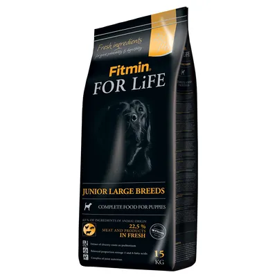 Упаковка Fitmin FOR LiFE Junior Large Breeds, 15 кг. Текст: COMPLETE FOOD FOR PUPPIES, 22,5 % MEAT AND PRODUCTS IN FRESH, 63 % OF INGREDIENTS OF ANIMAL ORIGIN.