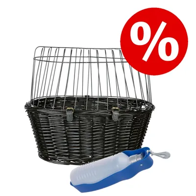 Panier en osier noir avec grille métallique et deux attaches, accompagné d'une gourde de voyage bleue et blanche. Symbole pourcentage rouge indiquant une offre ou promotion visible.