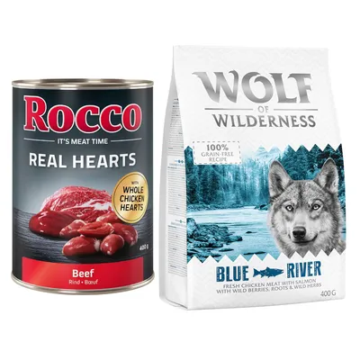 Kombi-Paket: 400 g Rocco Nassfutter + 400 g Wolf of Wilderness Trockenfutter - Rocco Real Hearts Rind + Wolf of Wilderness Blue River Lachs