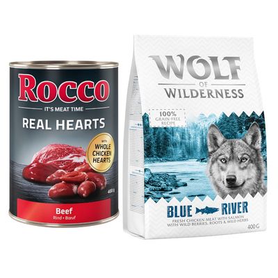 Kombi-Paket: 400 g Rocco Nassfutter + 400 g Wolf of Wilderness Trockenfutter Rocco Real Hearts Rind + Wolf of Wilderness Blue River Lachs