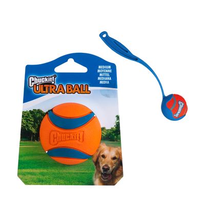 Hundboll av märket Chuckit!, synlig text: 'Chuckit!', orange med blå ränder, gummimaterial.
