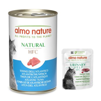 Almo Nature Natural HFC Atlantikthunfisch. Dose mit Thunfischabbildung und Text: 'All profits to the planet'.
