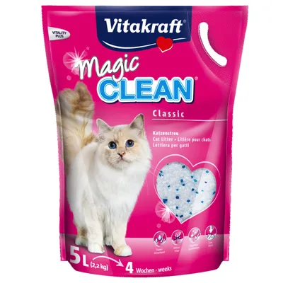 Vitakraft Magic Clean Classic άμμος γάτας, 5L για 4 εβδομάδες. Χαρακτηριστικά: υπερ-απορροφητικότητα, εξουδετέρωση οσμών, εγγύηση υγιεινής, χωρίς σκόνη.