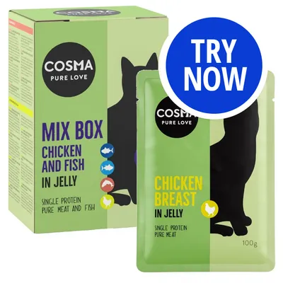 Cosma Pure Love Mix Box Chicken and Fish in Jelly, single protein pure meat and fish. Chicken Breast in Jelly pouch, single protein pure meat, 100g. Blue circle with 'Try Now'.