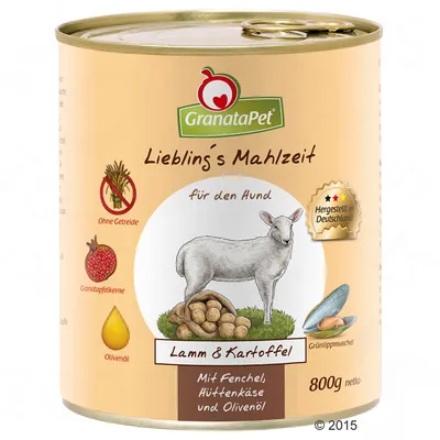 Консерва GranataPet для собак, Lamm & Kartoffel, 800 г. Видны изображения ягнёнка, картофеля, мидии, граната, оливкового масла. Текст: Ohne Getreide, Hergestellt in Deutschland.