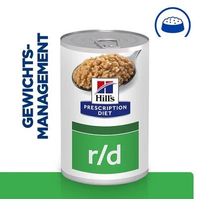 Hill's Prescription Diet r/d Dose für Gewichtsmanagement, Abbildung von Nassfutter auf einem Löffel.