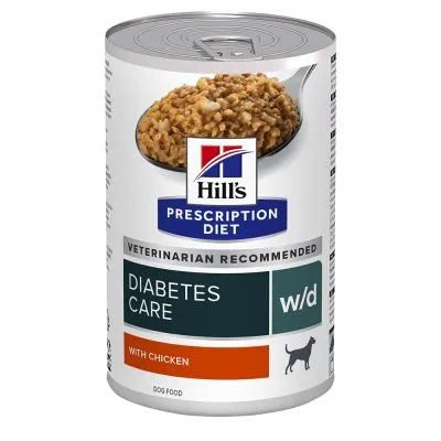 Blik Hill's Prescription Diet Diabetes Care w/d hondenvoer met kip, tekst: VETERINARIAN RECOMMENDED, DIABETES CARE, WITH CHICKEN, afbeelding van natvoer en hondpictogram.