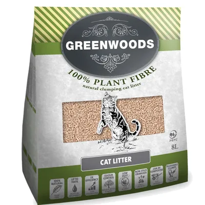 Greenwoods 100% Plant Fibre -paakkuuntuva kissanhiekka, 8 l. Pakkauksessa näkyy tekstit: 100% natural, up to 700%, 3x efficiency, odour control, low dust, non-stick granules, can be composted, flushable clumps.