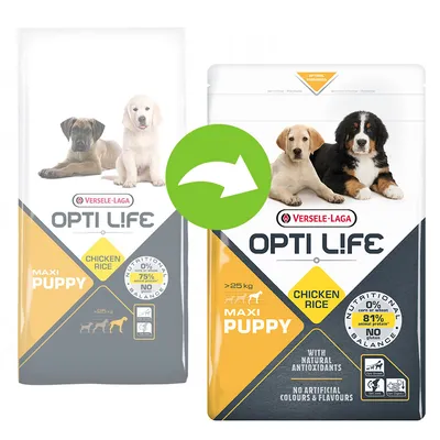 Deux sacs de croquettes pour chiot Versele-Laga Opti Life Maxi Puppy Chicken Rice, ancien et nouveau design, mentions visibles : 0 % gluten, 81 % protéines animales, avec antioxydants naturels.
