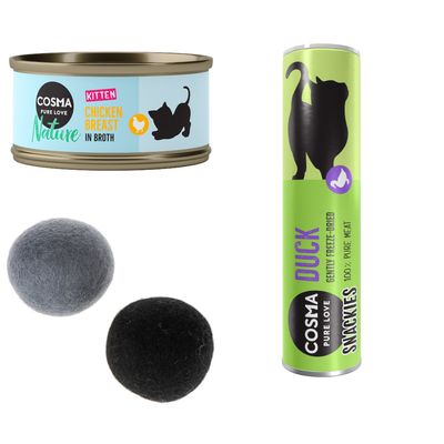 COSMA Pure Love Nature Kitten Tuna with Aloe in Broth konzerva, COSMA Duck Snackies, dve loptičky, zľavová značka s percentom na červenom pozadí.