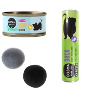 Sada: 6 x 70 g Cosma Nature Kitten + maškrty kačica + loptičky - kura
