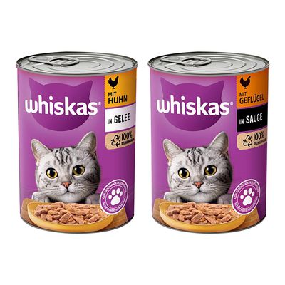 Whiskas Katzenfutter in Sauce, Geschmacksrichtung Geflügel, 24 Dosen im Karton. Grünes Symbol mit Zahl 24 und Dosenabbildung.