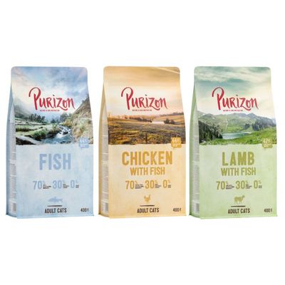 Lot mixte Purizon - sans céréales pour chat 3 x 2,5 kg 3 x 400 g : poulet & poisson, agneau & poisson, poisson