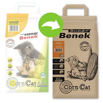 Dve embalaži posipa za mačke Super Benek Corn Cat 4,4 kg: stara bela z dvema muckoma in nova rjava z risbo mucka in koruze. Oznake: clumping, GMO free, natural.