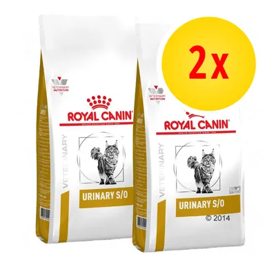 Lot de 2 sacs Royal Canin Urinary S/O pour chat, mention VETERINARY NUTRITION et image d’un chat sur chaque sac, pastille jaune avec texte rouge '2x'. Lot de 2 sacs Royal Canin Urinary S/O pour chat, mention VETERINARY NUTRITION et image d’un chat sur chaque sac, pastille jaune avec texte rouge '2x'.