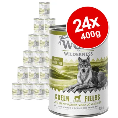 Wolf of Wilderness Green Fields Senior, 24 x 400g tins, 100% grain-free, lamb & chicken with fruits of the forest, roots and wild herbs. Large red badge shows '24x 400g'.