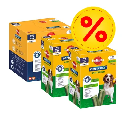 Lot de boîtes Pedigree Dentastix Daily Fresh, packs x28 et x56, avec un symbole pourcentage indiquant une offre ou promotion visible sur l’image.