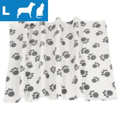 Vit filt med grå tassavtryck, storlek L. Symboler för hund och katt synliga i blå ruta uppe till vänster.