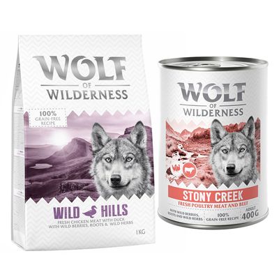 Wolf of Wilderness Wild Hills, 1kg. Rezept mit frischem Hühnerfleisch und Ente, wilden Beeren, Wurzeln und Kräutern. 100% getreidefrei.