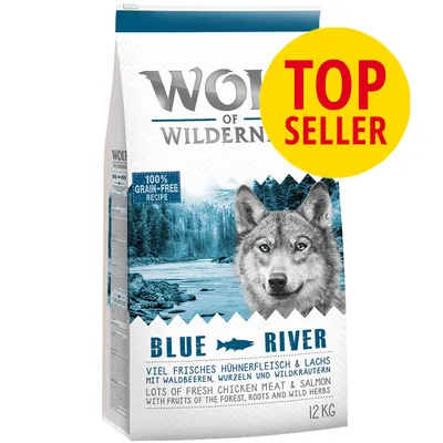 Wolf of Wilderness Blue River hundefoder 12 kg, 100% grain-free recipe, lots of fresh chicken meat & salmon, med skovbær, rødder og vilde urter. TOP SELLER badge synligt. Wolf of Wilderness Blue River hundefoder 12 kg, 100% grain-free recipe, lots of fresh chicken meat & salmon, med skovbær, rødder og vilde urter. TOP SELLER badge synligt.