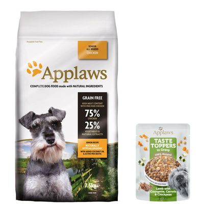Applaws Hundefutter für grosse Rassen, Geschmacksrichtung Huhn. Getreidefrei, 75% Huhn, 25% Gemüse und natürliche Extrakte. Hypoallergen mit aktivem Probiotikum. Packungsgrösse: 7,5kg.