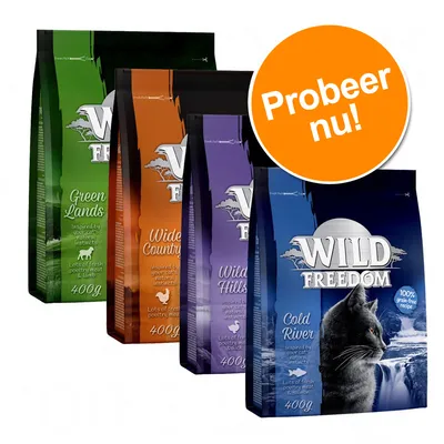 Wild Freedom kattenvoer 400g, varianten: Green Lands, Wide Country, Wild Hills, Cold River. Tekst op oranje cirkel: Probeer nu! Wild Freedom kattenvoer 400g, varianten: Green Lands, Wide Country, Wild Hills, Cold River. Tekst op oranje cirkel: Probeer nu!