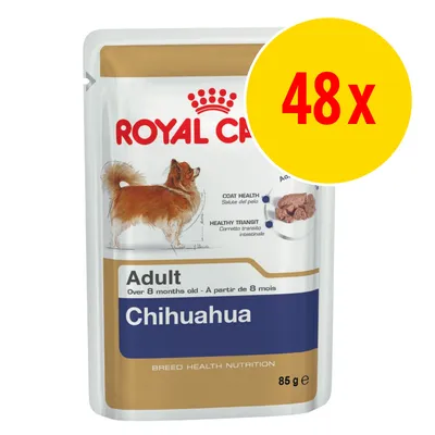 Royal Canin Adult Chihuahua, 85 g portionspåse, synlig text: Coat Health, Healthy Transit, 48x markerat i gul cirkel