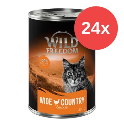 Wild Freedom Wide Country Chicken, 100% getreidefreie Rezeptur, 24x 400g Dosen mit Katzenmotiv.