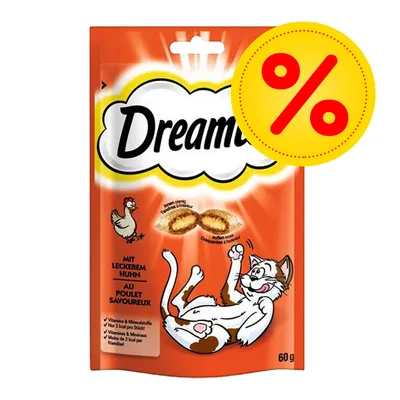 Dreamies kattgodis med kyckling, 60 g. Text: vitaminer & mineraler, mindre än 2 kcal per bit. Stor gul rabattikon med procenttecken synlig.