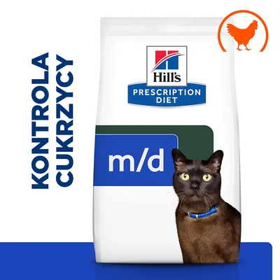 Hill's Prescription Diet m/d, kontrola cukrzycy, opakowanie karmy dla kotów z wizerunkiem kota i symbolem kurczaka.