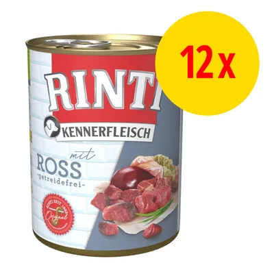 Rinti Kennerfleisch mit Ross -koiran märkäruokapurkki, pakkauksessa 12 kpl. Etiketissä teksti 'getreidefrei' ja kuva lihapaloista.