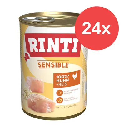 Rinti Sensible Nassfutter, 100% Huhn + Reis, glutenfrei, nur 1 tierisches Protein, Packung mit 24 Dosen.
