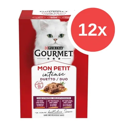 Purina Gourmet Mon Petit Intense Duetto/Duo, 12x. Feine Streifen: mit Rind und Huhn, mit Truthahn und Leber, mit Geflügel und Lamm. Bílá kočka na obalu.