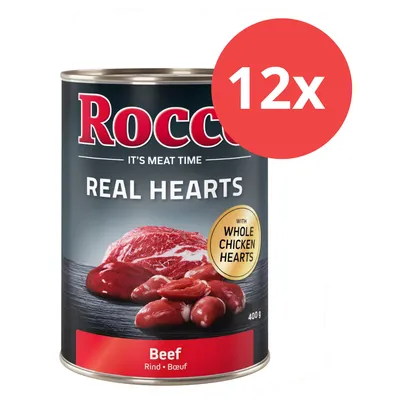 Rocco Real Hearts Rind mit ganzen Hühnerherzen, 400g Dose, 12x Packung. Fleischabbildung auf der Verpackung.