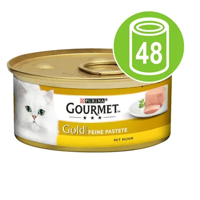 Purina Gourmet Gold Feine Pastete mit Huhn, burk med bild på vit katt och kycklingpaté. Grön ikon med konservburk och siffran 48.