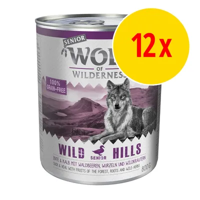 Wolf of Wilderness Senior Wild Hills våtfoder, 800 g burk med anka och kalv. Text: 100% grain-free. Gul cirkel med röd text: 12x.