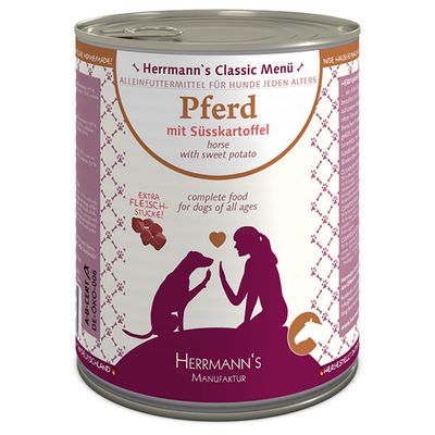 Консерва Herrmann's Classic Menü Pferd mit Süßkartoffel, надписи: horse with sweet potato, complete food for dogs of all ages, extra Fleischstücke, изображение собаки и человека.